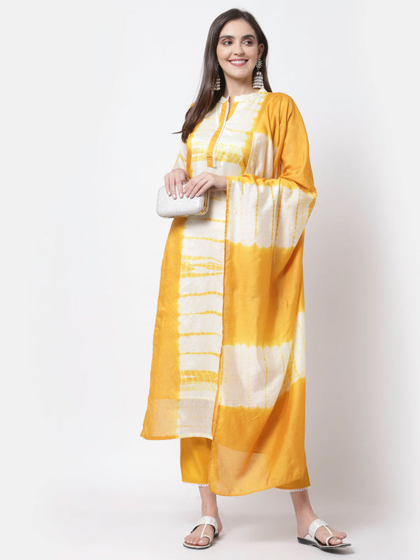 Women's Trendy Style Yellow viscose Printed 3/4 Sleeve Round Neck Kurta Pant Dupatta (3pieces) set - Myshka