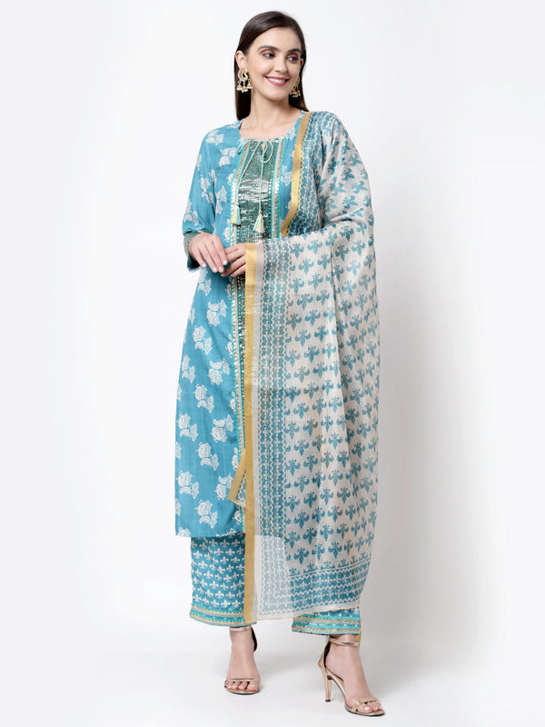 Women's Trendy Style Blue cotton blend Printed 3/4 Sleeve Round Neck Kurta Pant Dupatta (3Pieces) set - Myshka