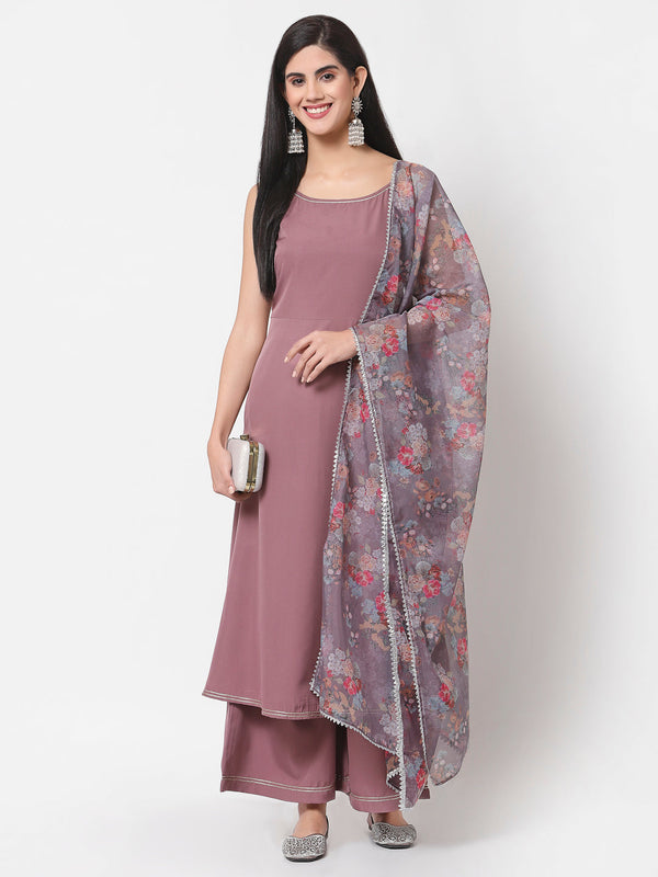 Women's Mauve Purple Kurta Palazzo & Dupatta Set (3 Pc Set) - Myshka