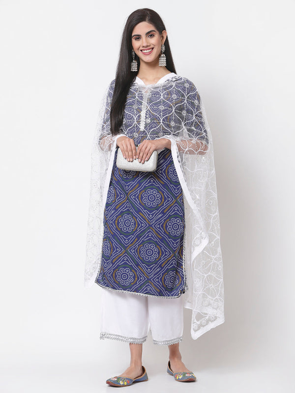 Women Blue Cotton Printed Kurta with Palazzo & Dupatta Set by Myshka (3 Pc Set)