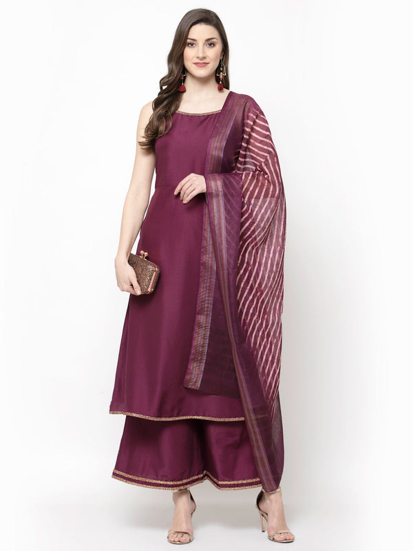 Women's Purple Silk Kurta Palazzo & Dupatta set (3 Pc Set) - Myshka