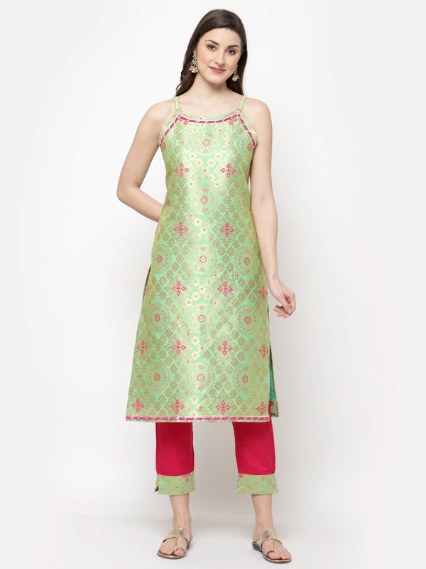 Women Green Printed Kurta Pant & Dupatta Set by Myshka (3 Pc Set)