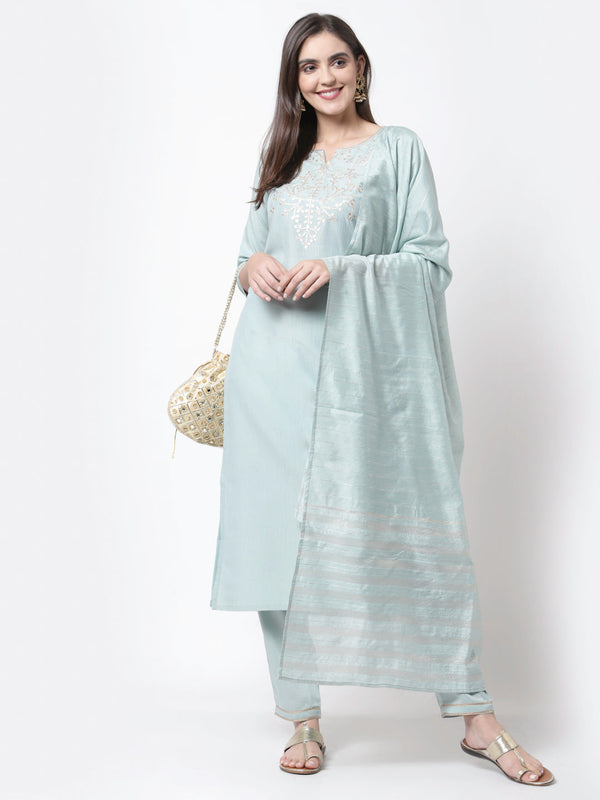 Women Light Blue Silk Blend Suit Set by Myshka (3 Pc Set)