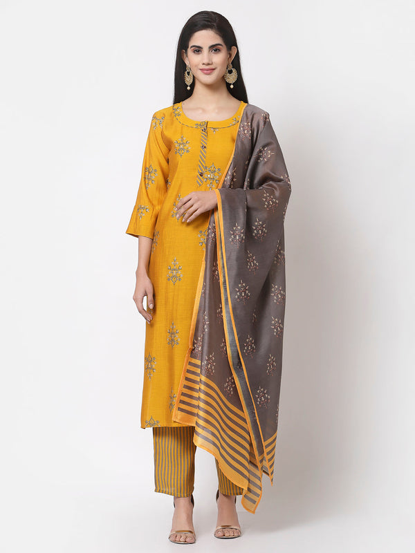 Women's Mustard viscose Printed 3/4 Sleeve Round neck Kurta Pant Dupatta (3Pieces) set - Myshka