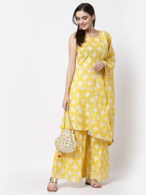 Women Yellow Cotton Printed Kurta Palazzo & Dupatta Set by Myshka (3 Pc Set)