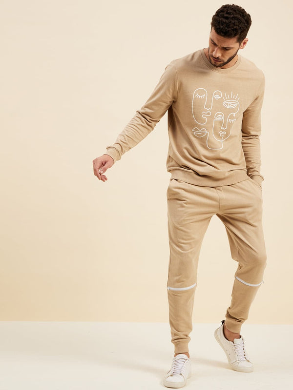 Men's Beige Relax Fit Zipper Detail Joggers - LYUSH-MASCLN