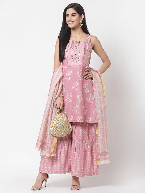 Women's Peach cotton blend Printed Sleeveless Shoulder Straps Kurta with Sharara & Dupatta (3Pieces) set - Myshka