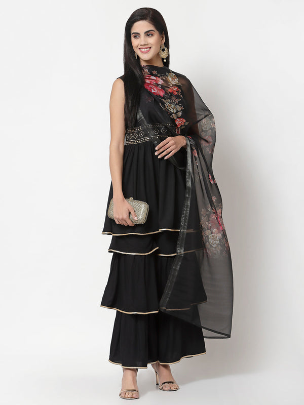 Women's Black Rayon Solid Sleeveless Round Neck Kurta with Sharara & Dupatta (3Pieces) set - Myshka