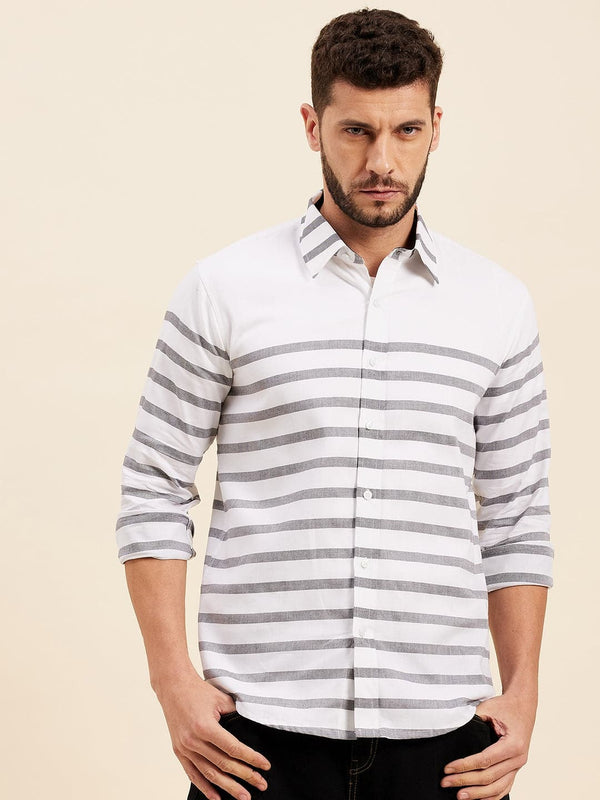 Men's White & Grey Breton Stripes Collar Shirt - LYUSH-MASCLN