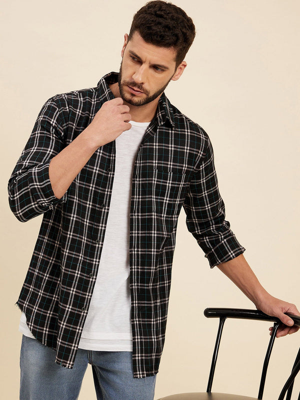 Men's Black & White Check Raw Hem Regular Shirt - LYUSH-MASCLN