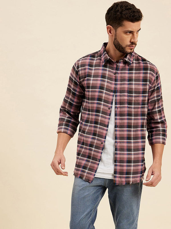 Men's Brown & Black Check Raw Hem Regular Shirt - LYUSH-MASCLN