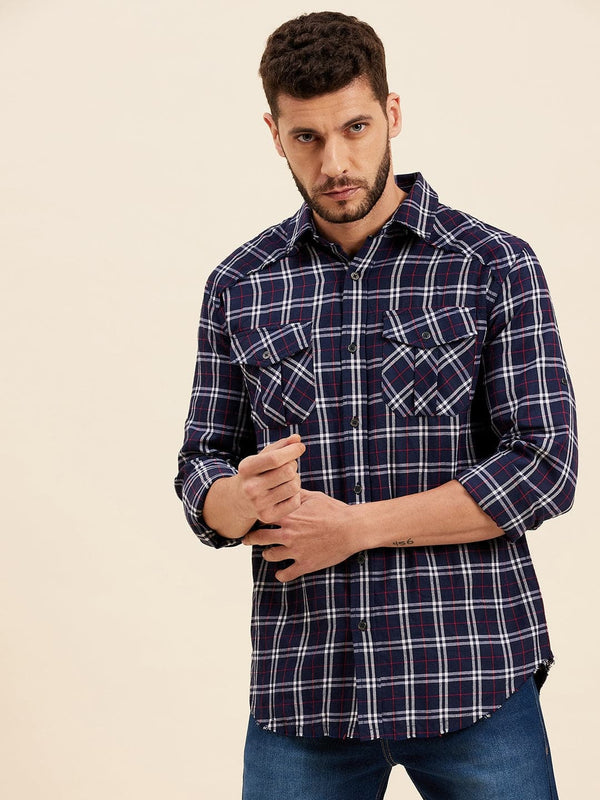 Men's Navy & White Check Shoulder Yoke Regular Shirt - LYUSH-MASCLN