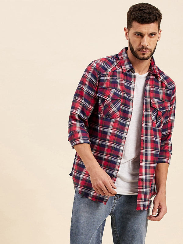 Men's Red & Navy Check Shoulder Yoke Regular Shirt - LYUSH-MASCLN