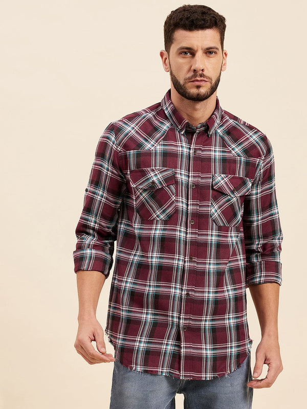 Men's Maroon & White Check Shoulder Yoke Regular Shirt - LYUSH-MASCLN