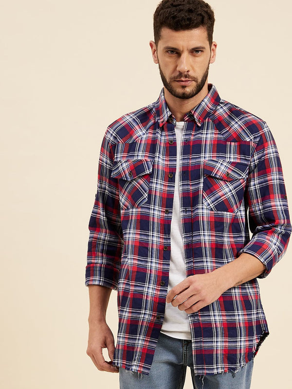 Men's Navy & Red Check Shoulder Yoke Regular Shirt - LYUSH-MASCLN