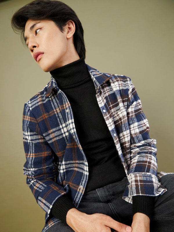 Men's White & Navy Check Colorblock Oversized Shirt - LYUSH-MASCLN