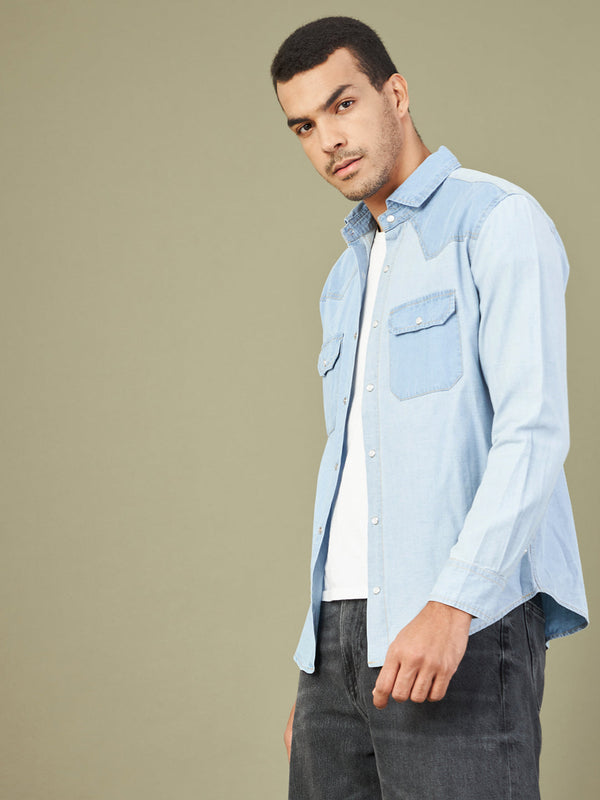 Men's Blue Tencel Color Block Regular Shirt - LYUSH-MASCLN