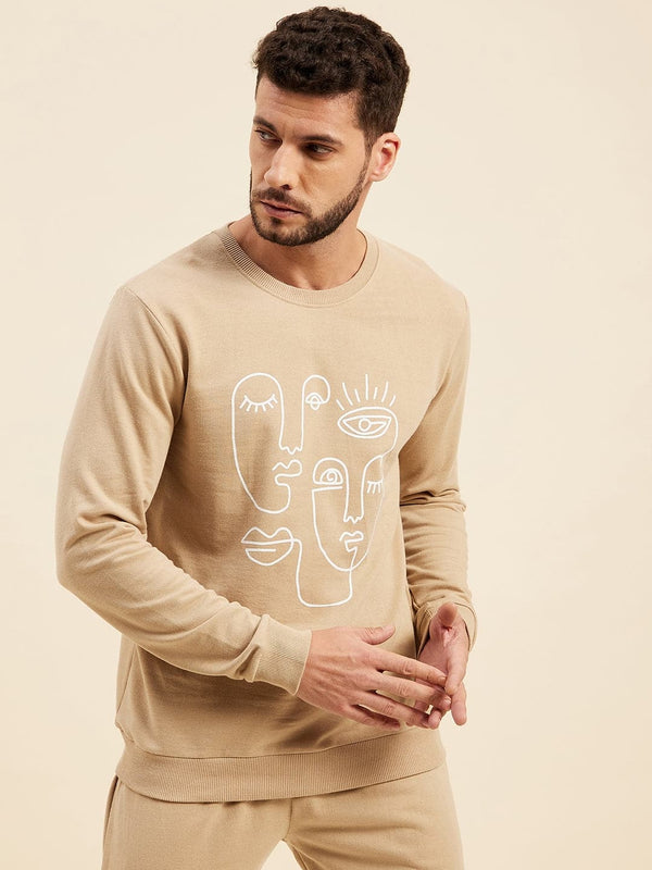 Men's Beige Line Printed Sweatshirt - LYUSH-MASCLN