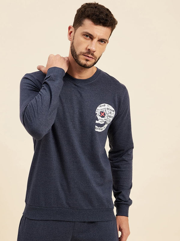 Men's Blue Melange Skull Print Sweatshirt - LYUSH-MASCLN