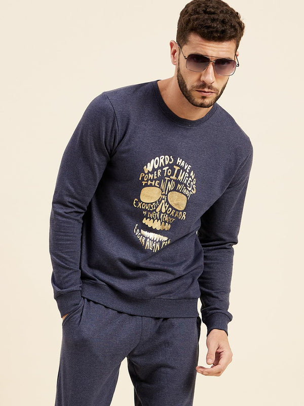 Men's Blue Melange Foil Print Sweatshirt - LYUSH-MASCLN