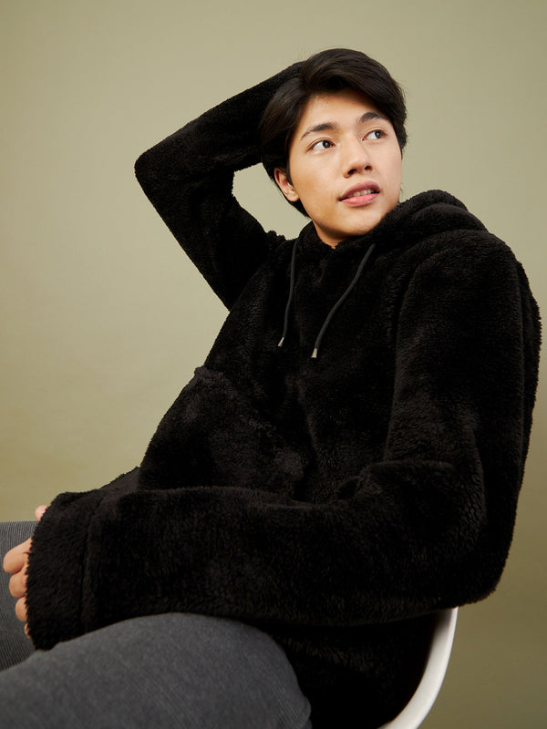 Men's Black Fur Kangaroo Pocket Hoodie - LYUSH-MASCLN