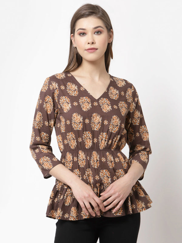 Women Brown Printed Cotton Top by Myshka (1 Pc Set)