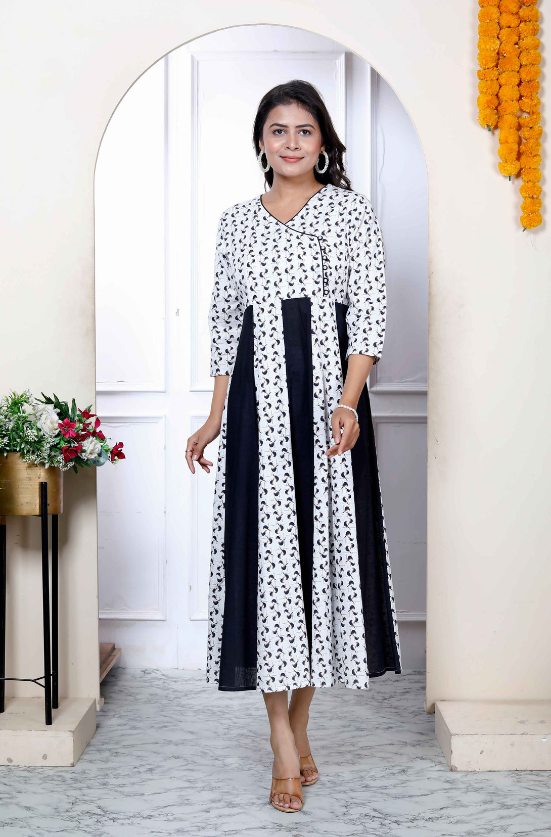 Women's Cotton White Bird Print Anarkali Kurta - Miravan