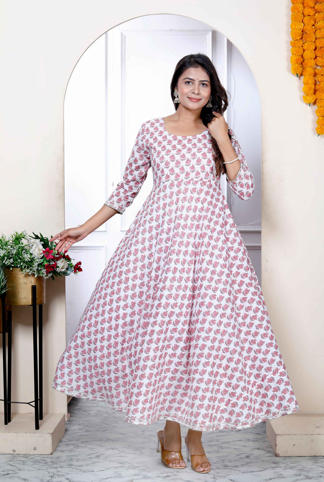 Women's Pink Pure Cotton Printed Anarkali Kurta - Miravan