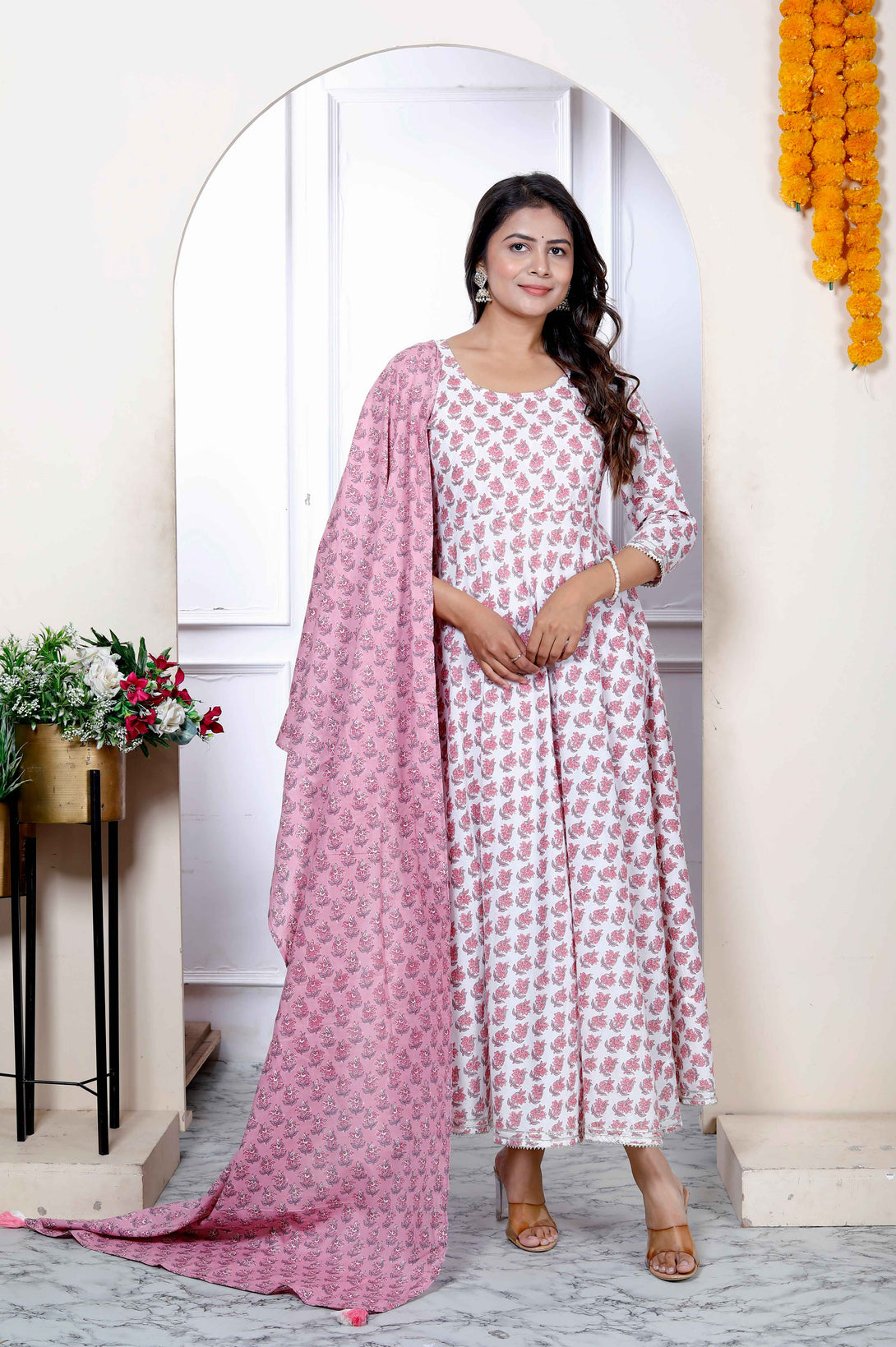 Women's Pure Cotton Printed Pink Anarkali Kurta With Dupatta Set - Miravan