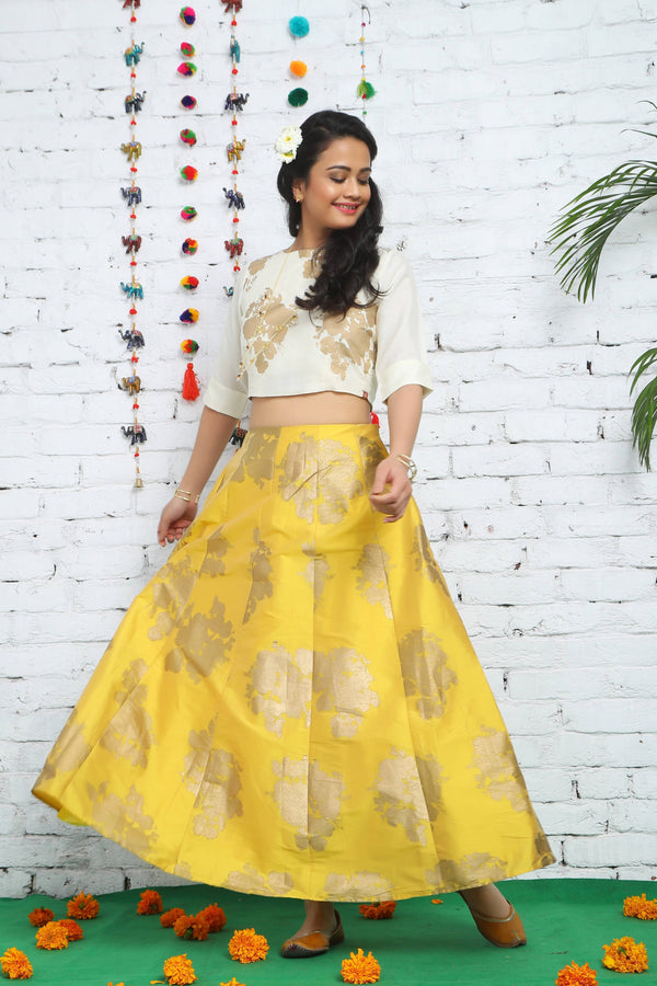 Women's Mustard Taffeta Silk Foil Print Lehenga Choli Set - Juniper