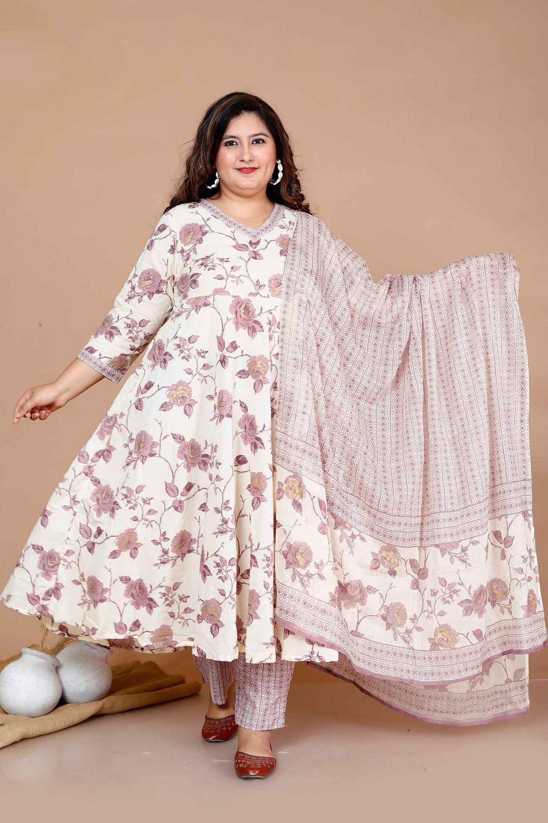 Women'S Plus Size Pink Floral Print Anarkali Kurta With Palazzo & Dupatta Set - Miravan