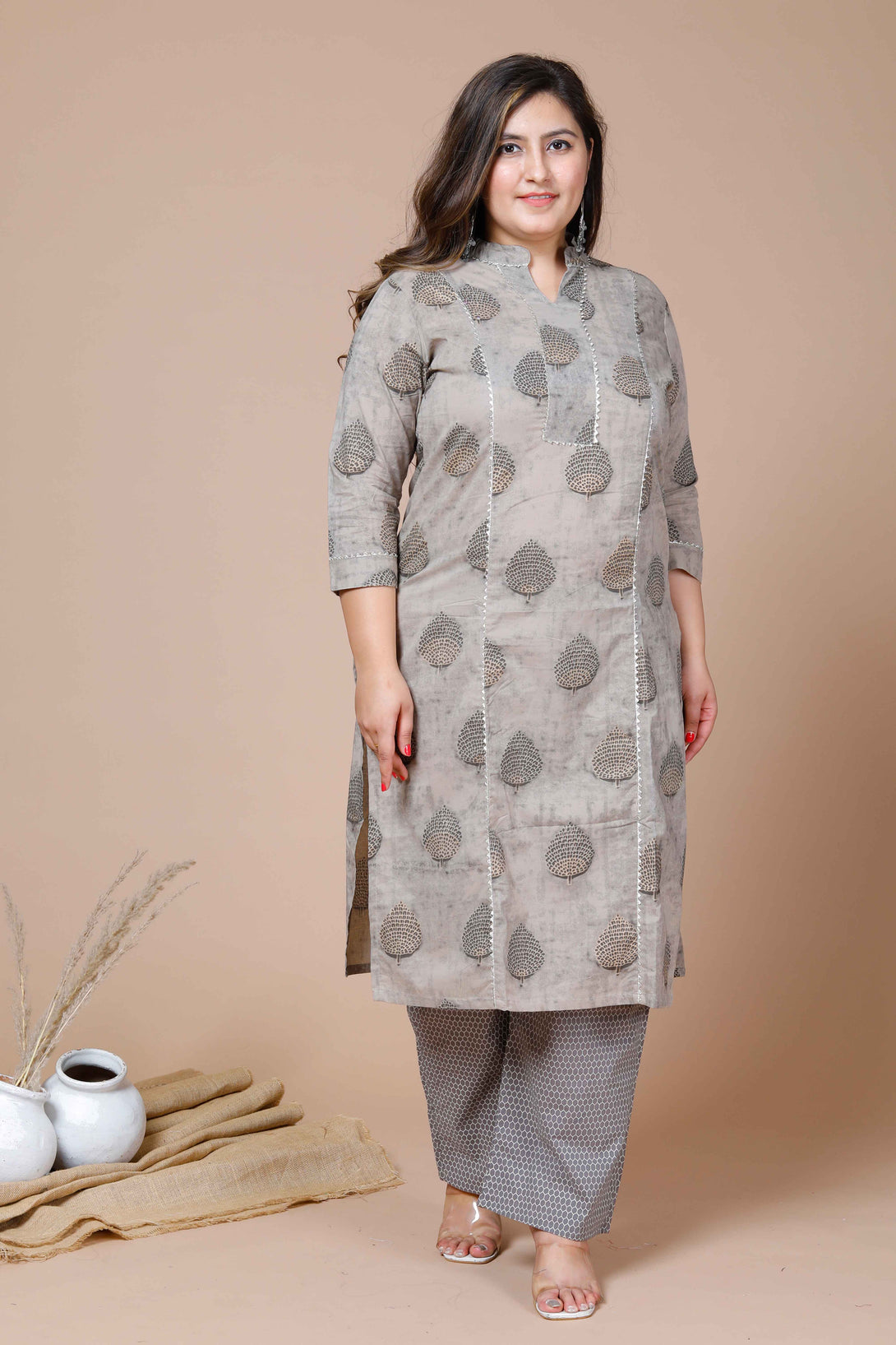 Women's Plus Size Beige Printed Gota Patti Pure Cotton Kurta With Palazzo - Miravan