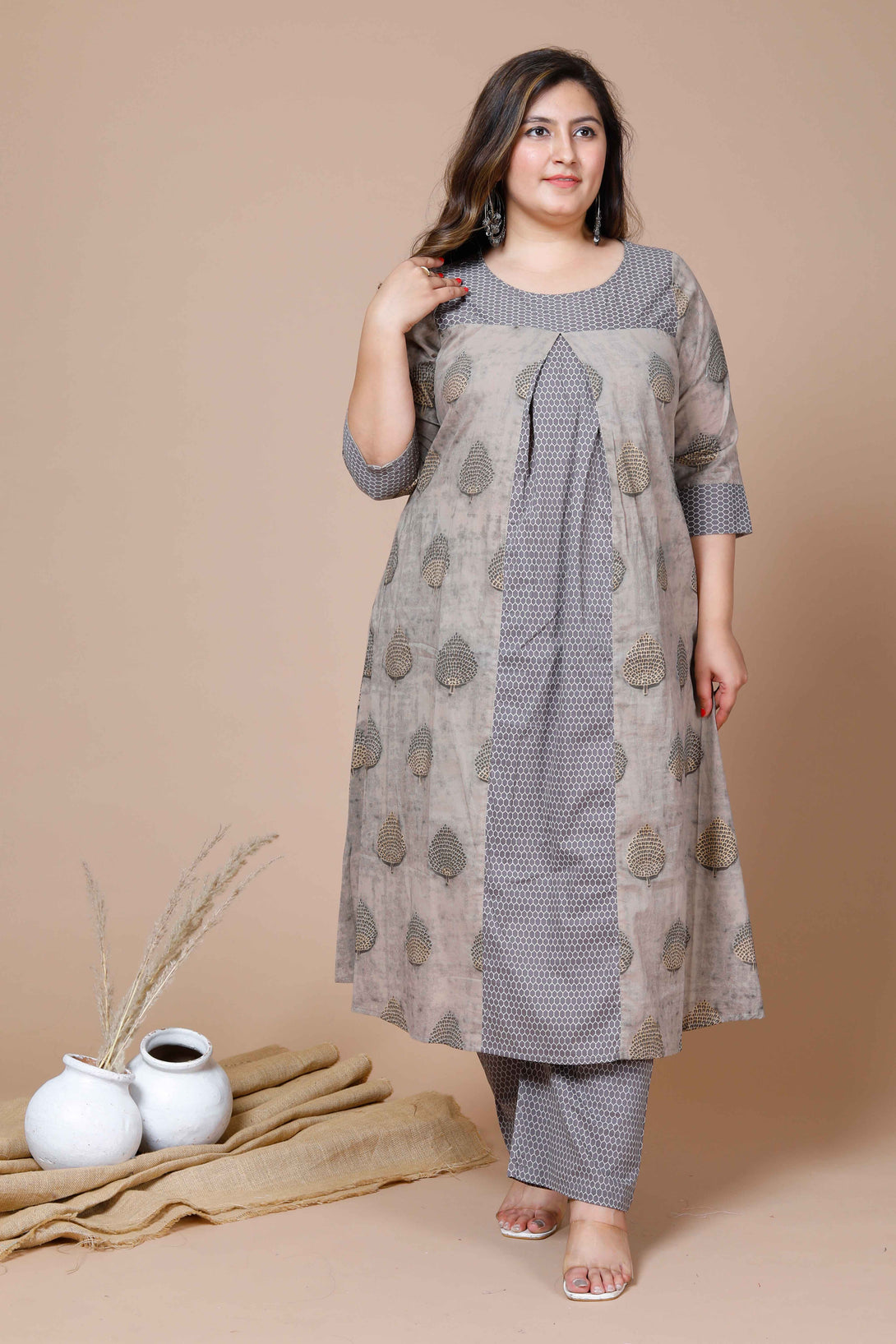 Women's Plus Size Beige Floral Printed Pure Cotton A-Line Kurta With Palazzo - Miravan