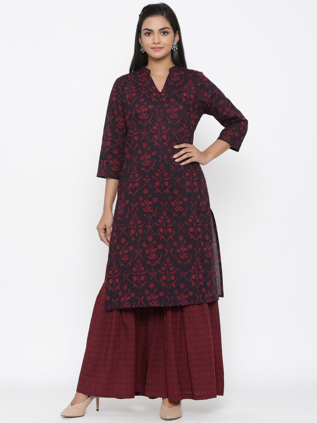 Women's Cotton Floral Print Straight Kurta Sharara Set - Miravan