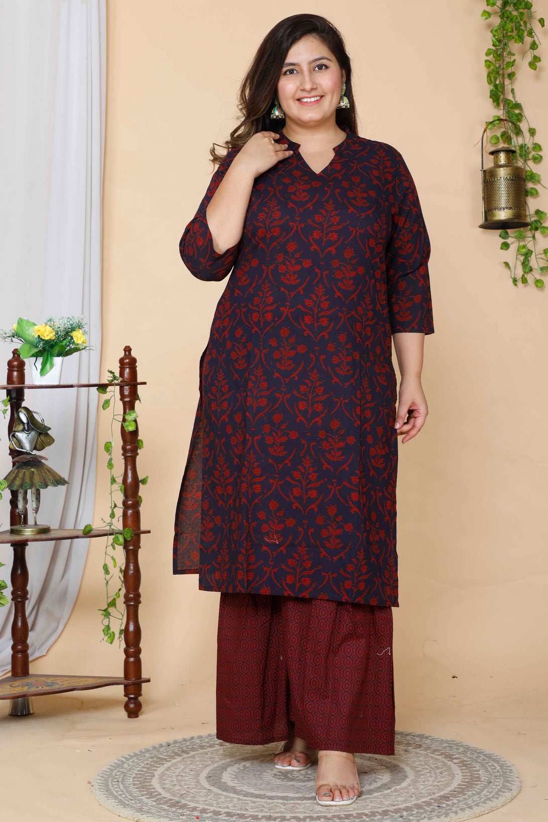 Women's Plus Size Maroon Floral Pure Cotton Kurta With Sharara - Miravan