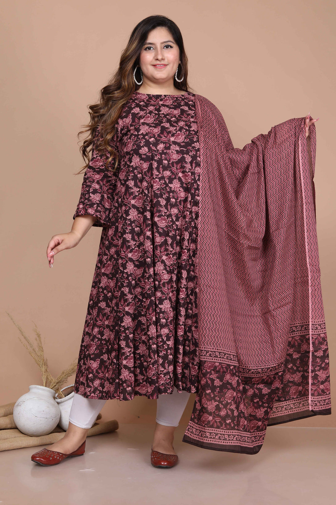 Women's Plus Size Stunning Maroon Bell Sleeve Floral Printed Anarkali Kurta Dupatta - Miravan