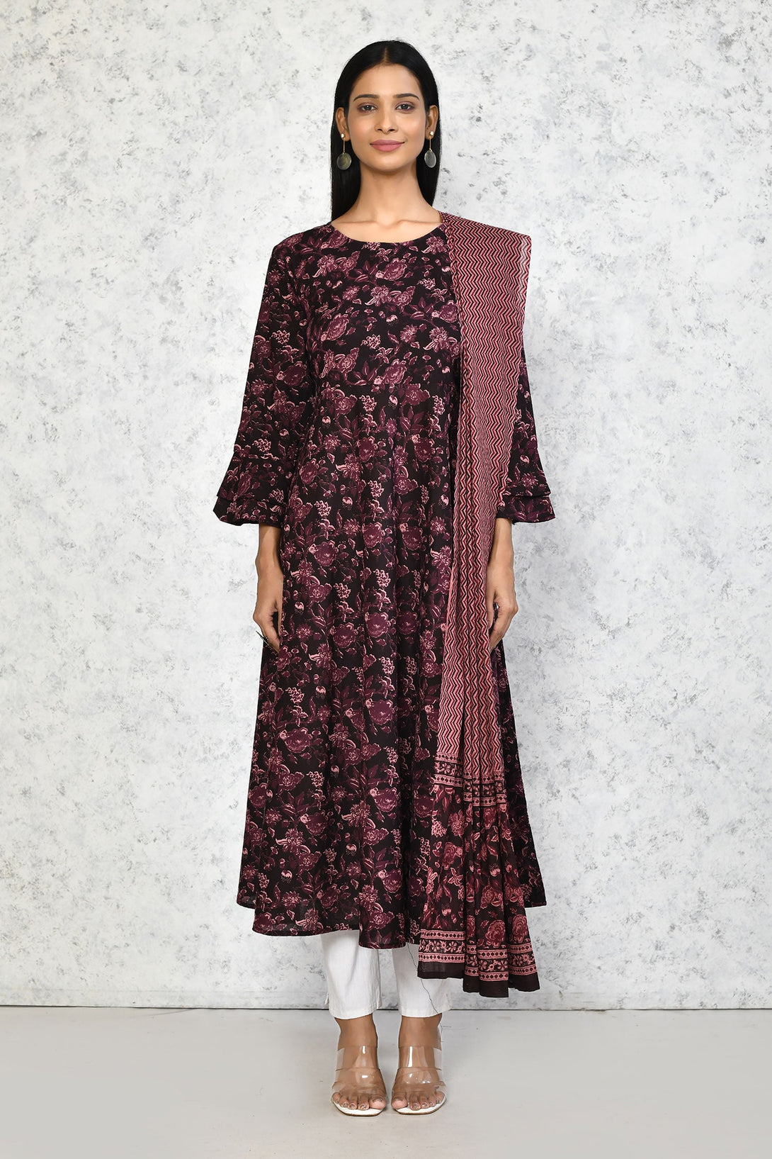 Women's Stunning Maroon Bell Sleeve Floral Printed Anarkali Kurta Dupatta - Miravan