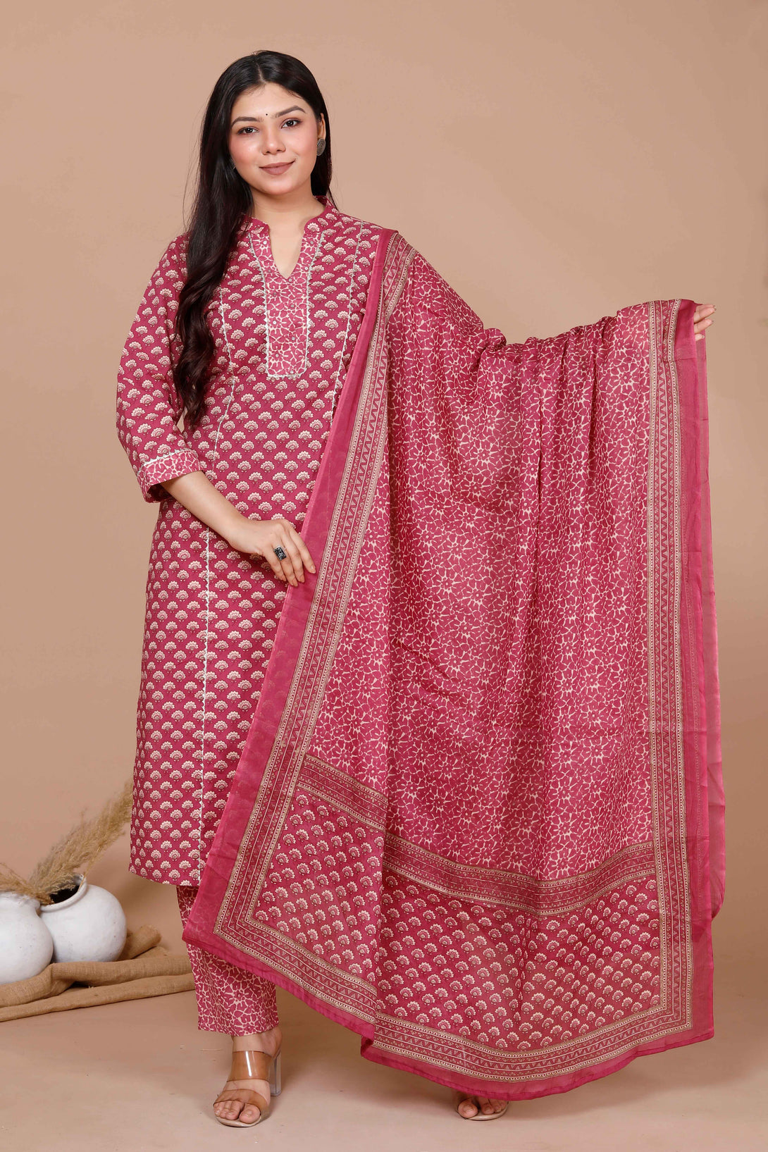 Women's Pink Straight Floral Printed Kurta & Palazzo With Dupatta Set - Miravan