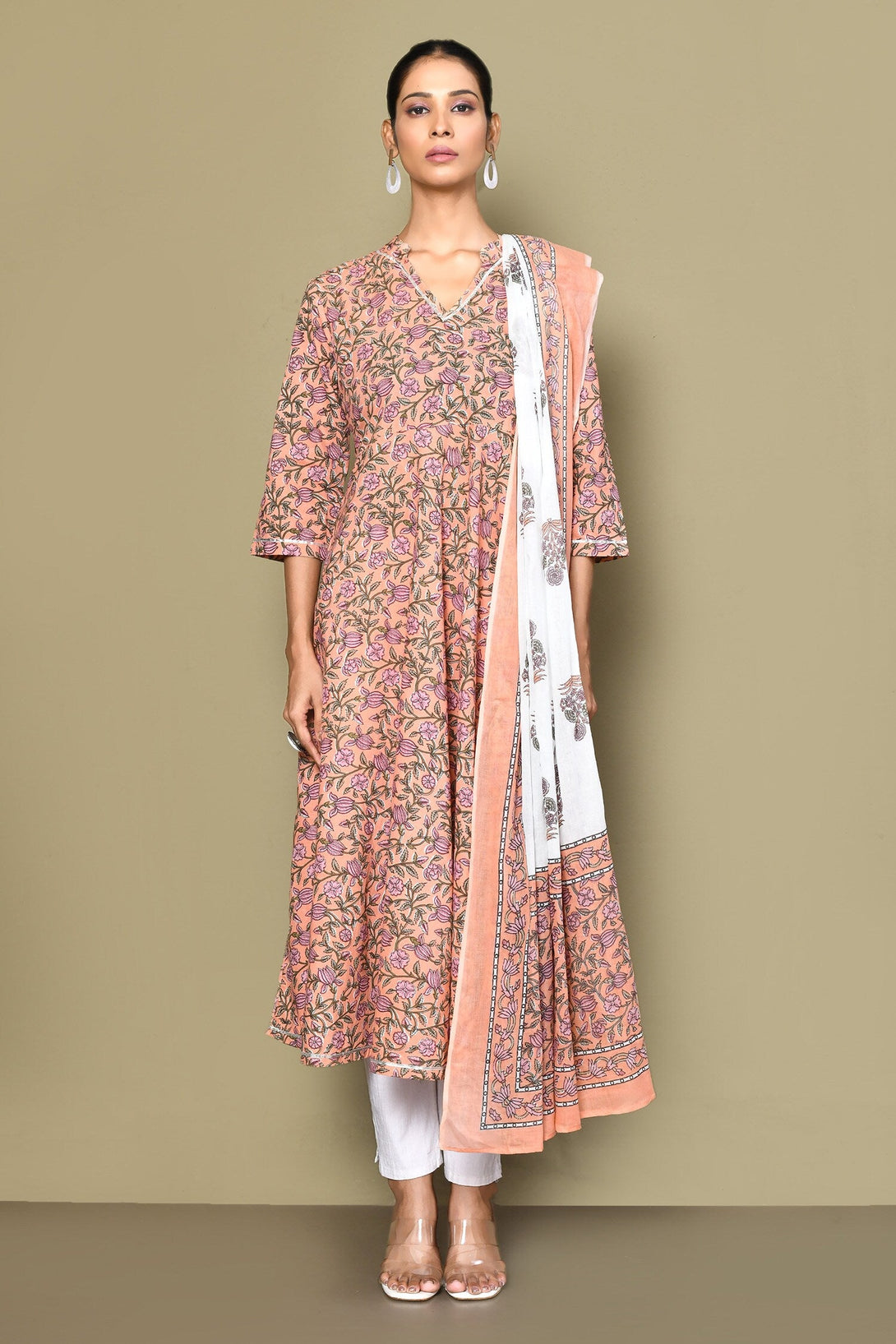 Women's Surpassing Orange Partywear Floral Printed Anarkali Kurta Dupatta  - Miravan