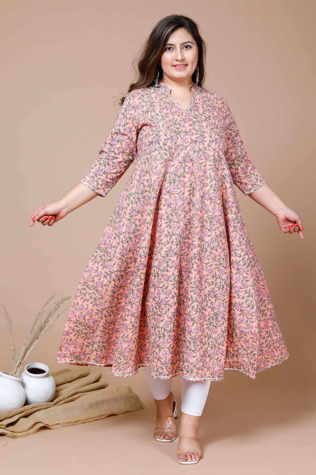 Women's Peach Plus Size Cotton Floral Printed Anarkali Kurta - Miravan