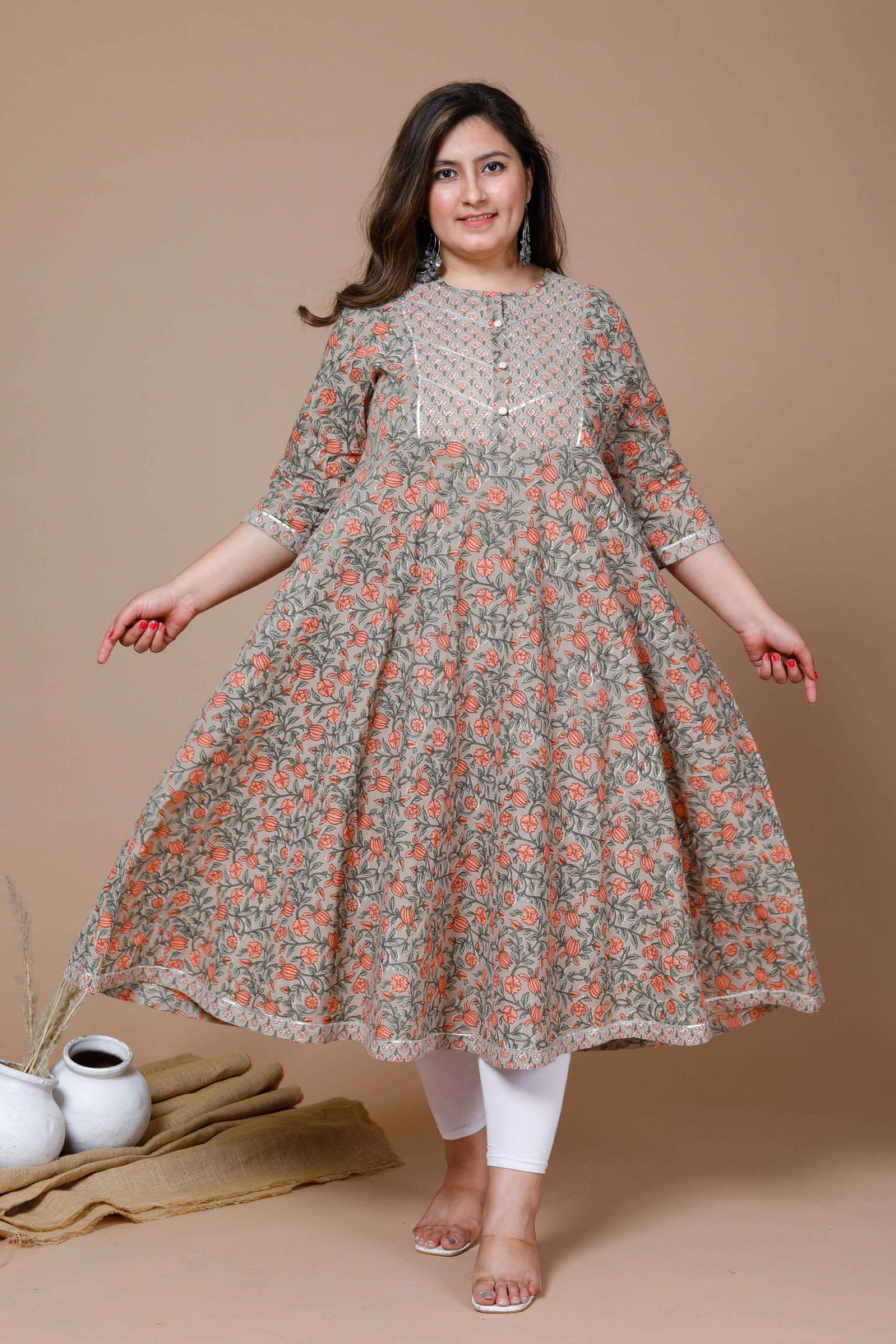 Women's Plus Size Camel Brown Gotta Patti Pure Cotton Anarkali Kurta - Miravan