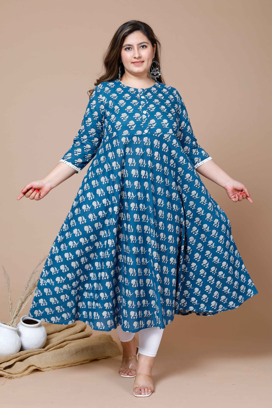 Women's Plus Size Blue & White Ethnic Motifs Printed Cotton Anarkali Kurta - Miravan