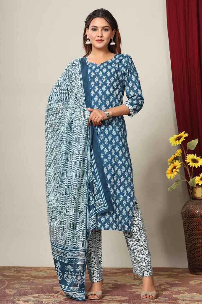 Women's Cotton Floral Printed Kurta And Palazzo With Dupatta Set - Miravan