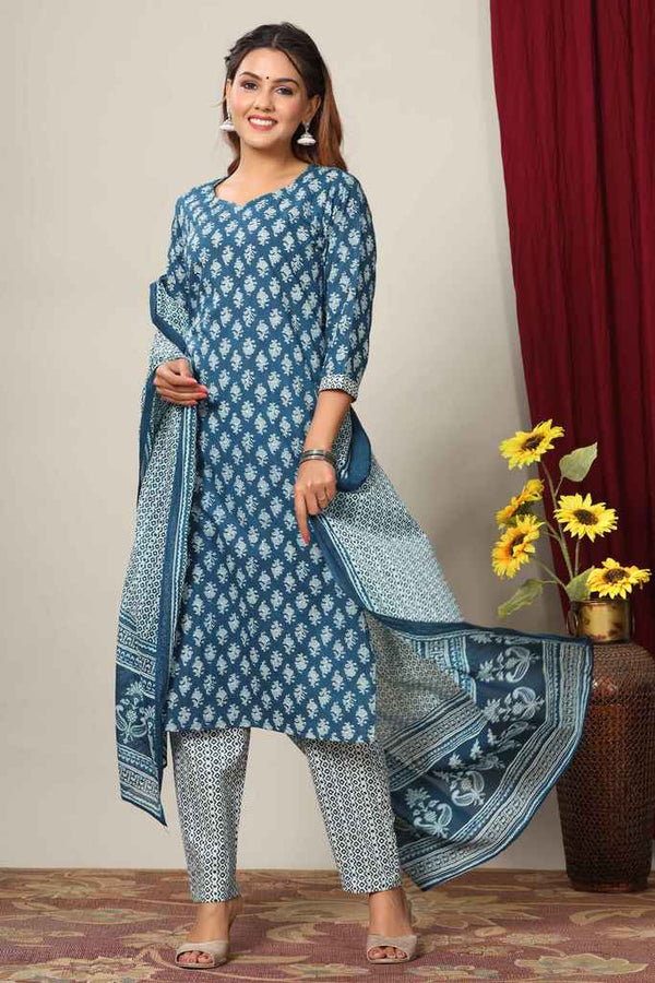 Women's Cotton Floral Printed Kurta And Palazzo With Dupatta Set - Miravan