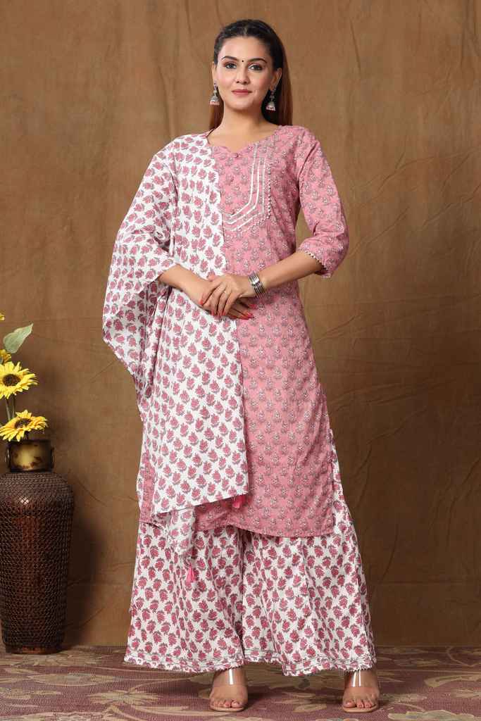 Women's Cotton Kurta With Palazzo & Dupatta Set - Miravan