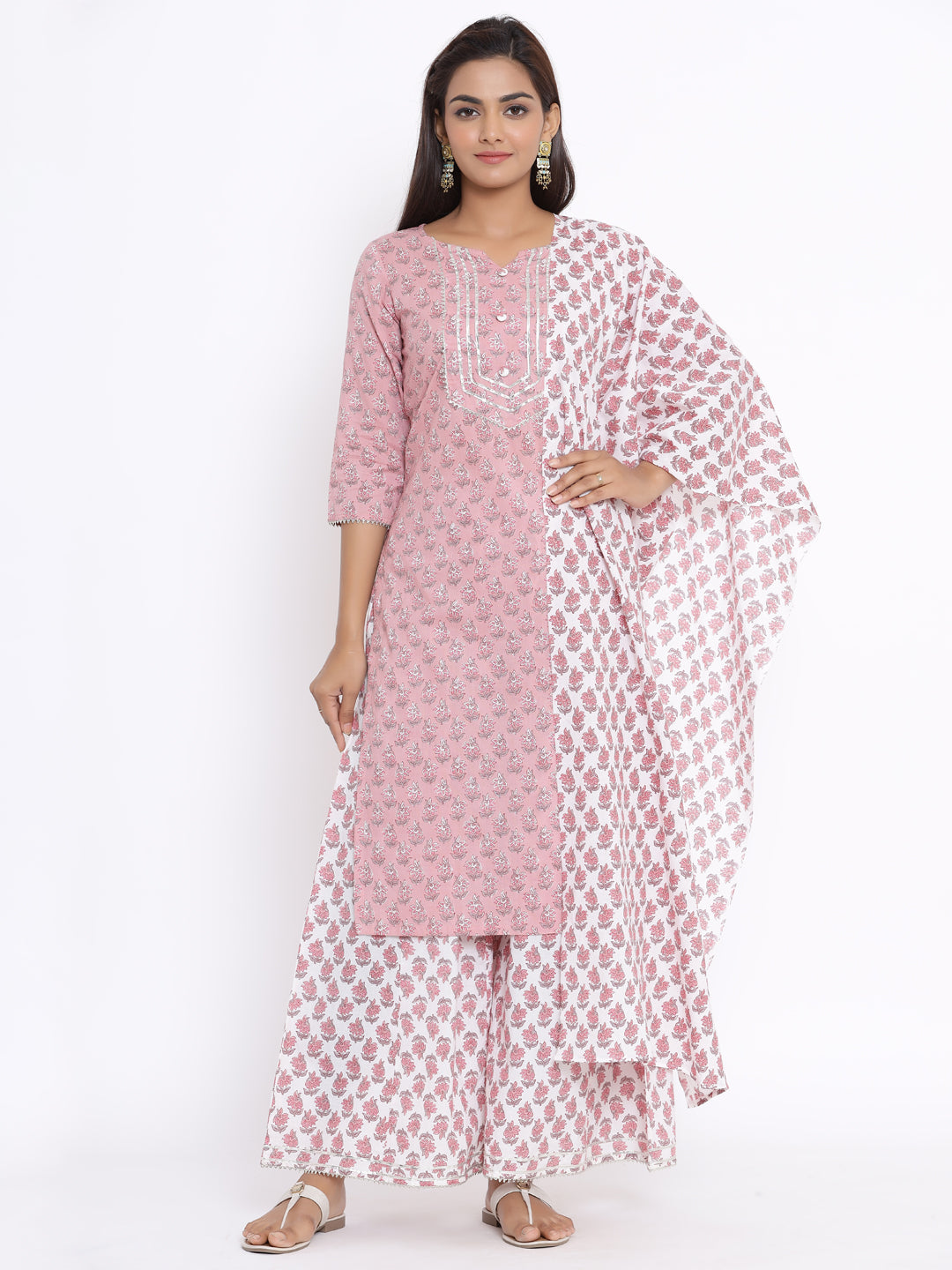 Women's Pink Floral Printed Gotta Patti Pure Cotton Kurta With Palazzo And Dupatta Set - Miravan