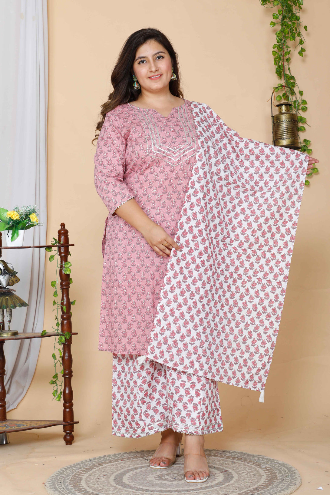 Women's Plus Size Pink Floral Printed Gotta Patti Pure Cotton Kurta With Palazzo & Dupatta Set - Miravan