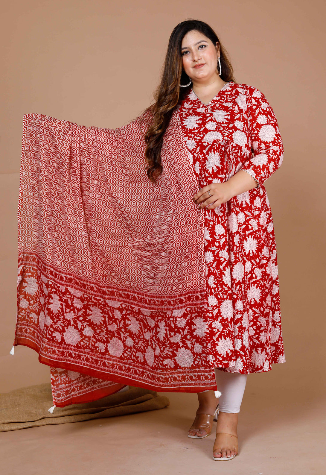 Women's Plus Size Floral Printed Cotton Anarkali Kurta With Dupatta - Miravan