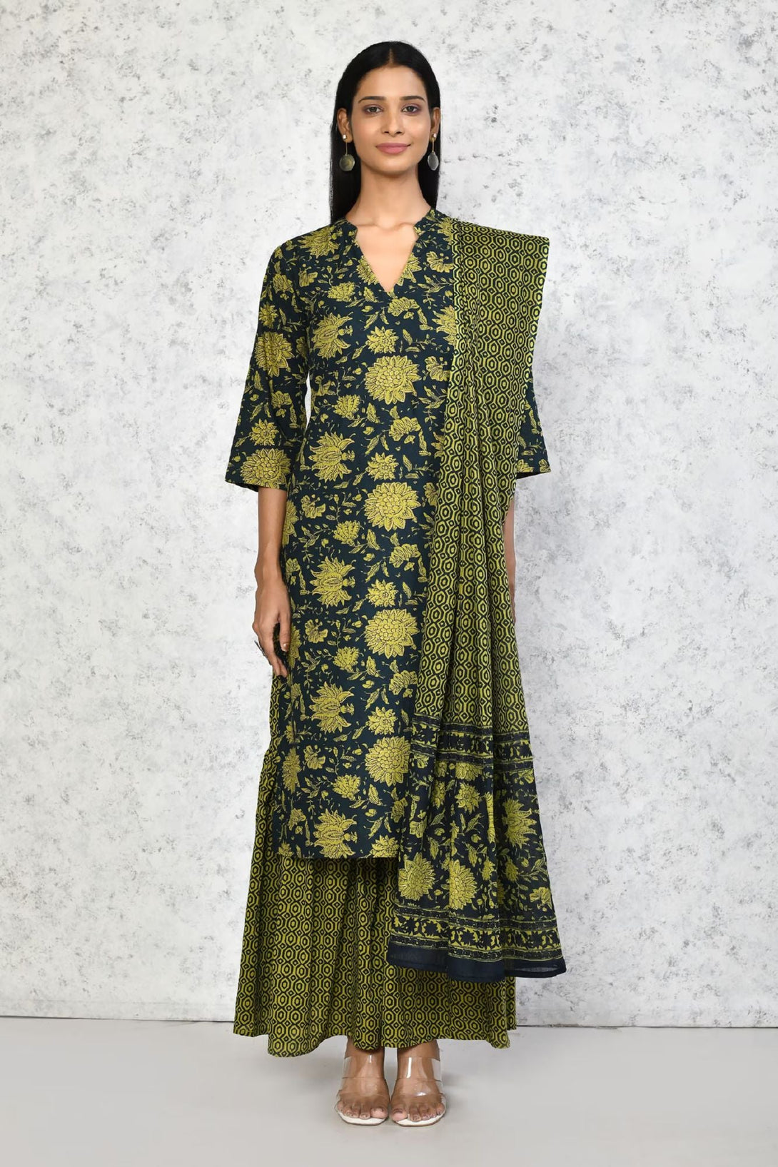 Women's Cotton Floral Straight Kurta & Sharara With Dupatta Set - Miravan