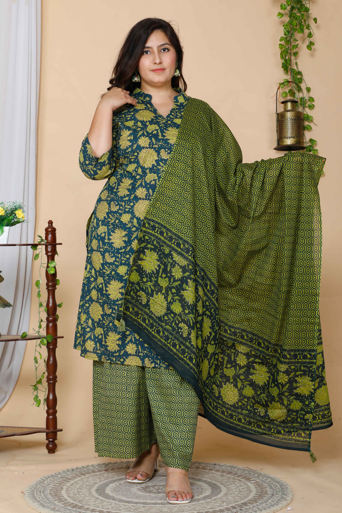 Women's Plus Size Green Floral Printed Cotton Kurta With Sharara & Dupatta Set - Miravan